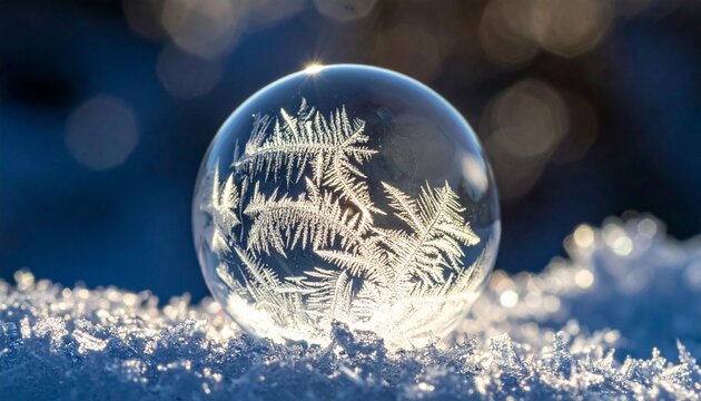 Beautifully frozen soap bubble with intricate frost patterns on surfac