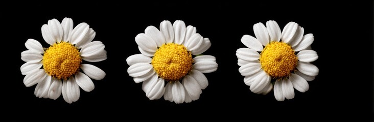 Fototapeta premium Three daisy flowers with white petals and yellow centers are on a stark black background