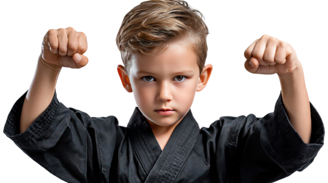 Young Martial Artist: A determined young martial artist in a black uniform, embodies focus and discipline, with clenched fists and a serious expression.