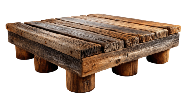Rustic Timber Table: A close-up of a weathered wooden table with its rough-hewn timbers and aged character standing proudly as a testament to the passage of time. 