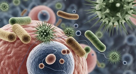 Microscopic view of various bacteria, viruses, and cells in a fluid environment, showcasing different shapes and colors.