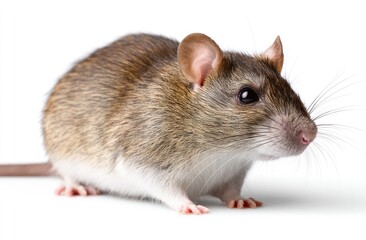 Close-up of a brown and grey rat against a plain white background, viewed from a low angle