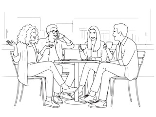 Black and White Line Art Illustration of Four Happy Friends Conversing at a Cafe Table