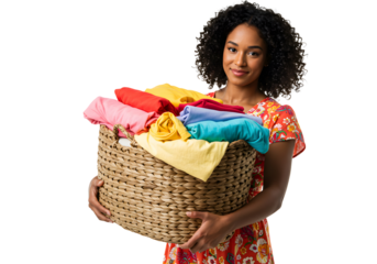 Smiling Woman Holding Basket of Fresh Laundry