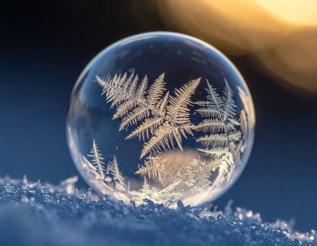 Beautiful frozen soap bubble with intricate frost patterns and light