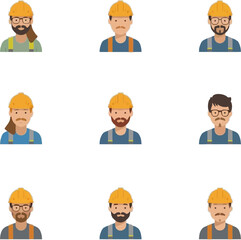 Fototapeta premium Nine male construction workers in yellow hard hats perfect for construction industry presentations, safety manuals, or related business projects.