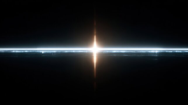 Abstract horizontal light line intersecting with a vertical burst in the center, set against a dark background