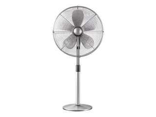 Metallic standing fan with adjustable height isolated on a transparent background image