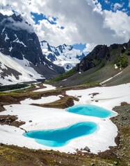 Aerial view of glacier landscape with ice and blue water in mountains