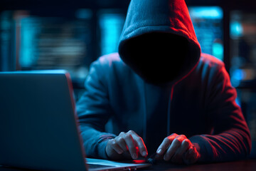 hacker theif robbery and terrorist man in hoodie is acking coding an computer aptop to attack data serve network system online in echnology internet securit concept, y2k scifi cyberpnk theme