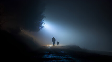 Silhouette of Father and Child Walking on a Foggy Rural Road at Night