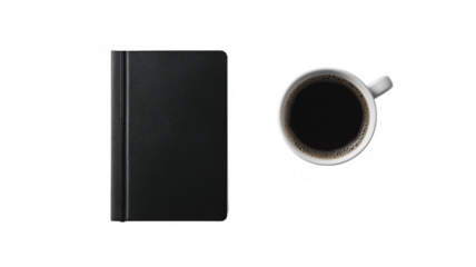 Minimalist top view of black notebook and coffee cup on a transparent background