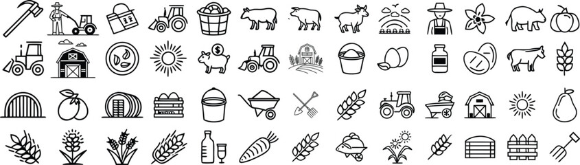 Collection of Simple Line Icons Related to Farming Agriculture and Rural Life Depicting Tools Animals Crops and Farm Buildings for Design and Illustration