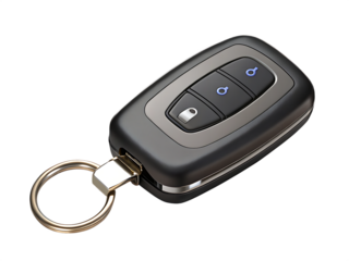 Modern car key fob with metallic accents and blue icons isolated on a transparent background remote unlock