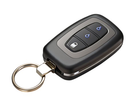 Modern car key fob with metallic accents and blue icons isolated on a transparent background remote unlock
