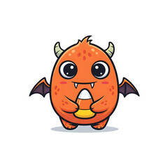 Adorable orange cartoon monster with tiny wings and horns joyfully holding a candy corn, perfect for festive Halloween designs and seasonal promotions