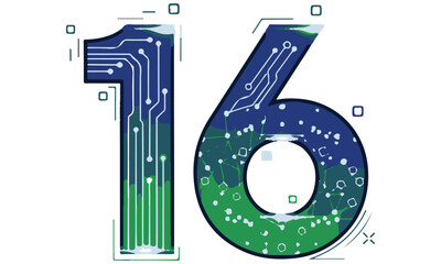 Stylized Number 16 with Circuit Board Pattern and Blue-Green Digital Gradient