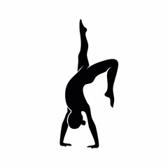 Fototapeta premium Silhouette of gymnast performing a balance pose with one leg extended upward, representing strength, flexibility, and grace in a minimalist artistic style