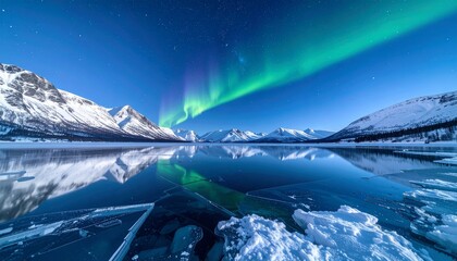 Breathtaking aurora borealis over a serene frozen lake landscape