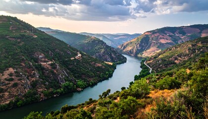 Scenic river valley at sunset