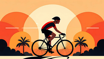 A young woman rides her bike along a beach at sunset, her silhouette a striking image against the colorful sky
