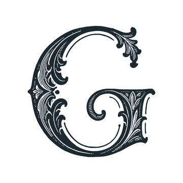 Letter G victoria style with curve floral decoration. Black white vector illustration.	