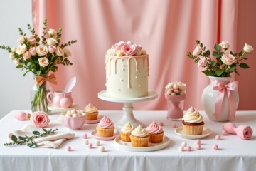 Elegant pastel pink dessert table with a white cake decorated with pink flowers, surrounded by cupcakes, roses, and floral arrangements for celebration