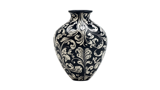 Black and white vase isolated on transparent background, an elegant home decor item