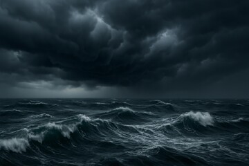 Fototapeta premium Dark Stormy Ocean Waves Under Brooding Sky with Heavy Clouds and Turbulent Water During Imminent Stormy Weather Conditions