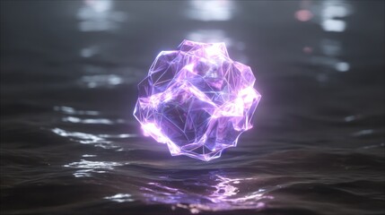 Glowing, low-poly crystal floats on rippling, dark water. Bokeh lights add depth. 3D render