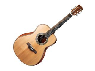 Polished wooden acoustic guitar with strings and frets isolated on a transparent background instrument