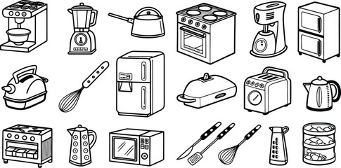 Doodle Style Kitchen Appliances Line Art Vector Illustration for Culinary Designs and Restaurant Graphics ideal for logos menus and branding materials