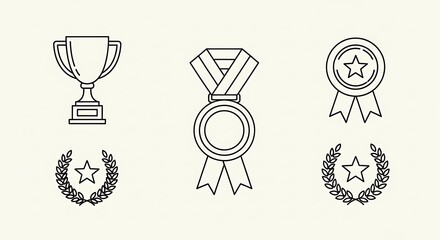 Line Art Depiction of Trophy, Medal, and Laurel Wreath Awards on Beige Background