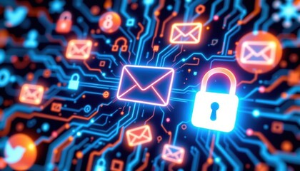 Futuristic digital security and data protection concept featu glowing email icons interconnected with circuits and a prominent padlock emphasizing cybersecurity