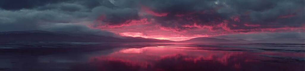 Fototapeta premium Dramatic pink-tinged sunset over a calm, dark body of water with distant land masses and heavy, overcast clouds above