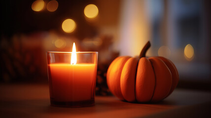 An Pumpkin Beside a Lit Candle, Autumn Theme