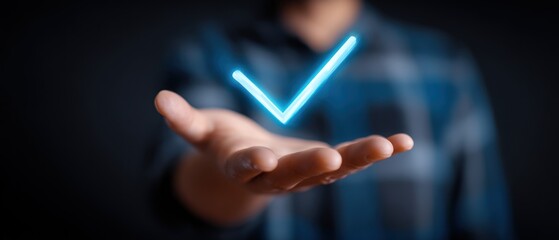Person holds a bright blue glowing check mark icon in their palm against a blurry dark background