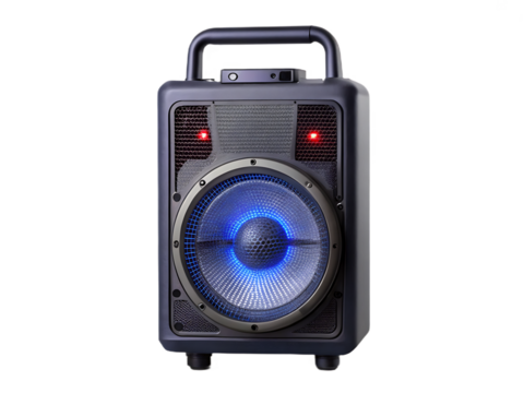 Portable speaker with blue light and red indicators isolated on a transparent background image