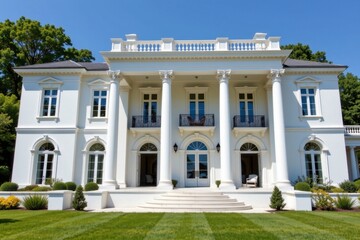 Obraz premium Luxurious white mansion with grand columns and intricate architectural details, surrounded by lush green trees and a well-manicured lawn under clear blue sky