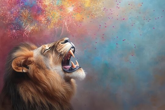 Fierce majestic lion roa with vibrant fireworks and colorful sparkles in background, symbolizing strength, power, celebration, and wild beauty in nature