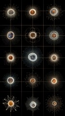 Abstract display of particles with intricate lines and glowing orbs on a dark background showcasing various scientific designs