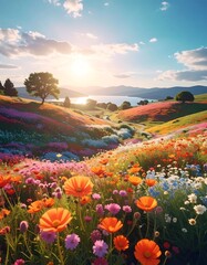 Fototapeta premium Colorful flower fields at sunset