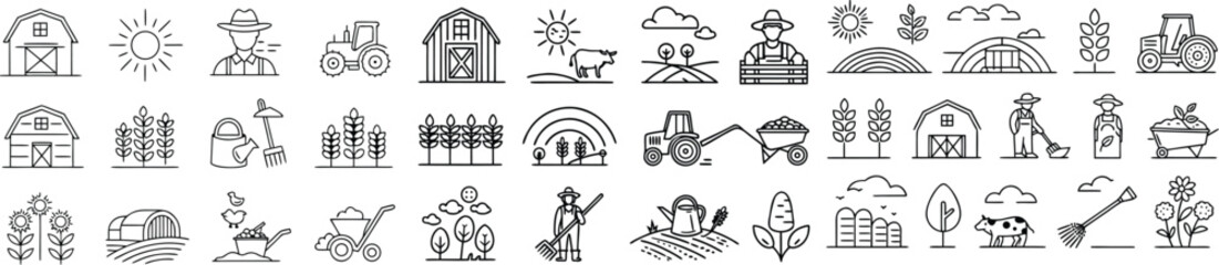 Farm and Agriculture Outline Icons Collection Vector Illustration Featuring Farmers Barns Tractors Livestock and Various Agricultural Elements