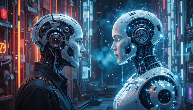 Male Robot Talking to Female Robot &ndash; AI Dialogue, Futuristic Machine Interaction