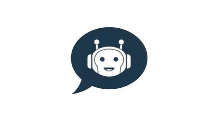 A friendly robot face inside a dark blue speech bubble, symbolizing communication and artificial intelligence isolated on transparent background