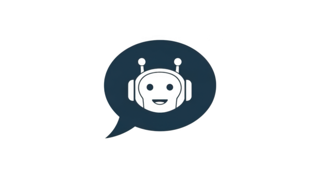 A friendly robot face inside a dark blue speech bubble, symbolizing communication and artificial intelligence isolated on transparent background