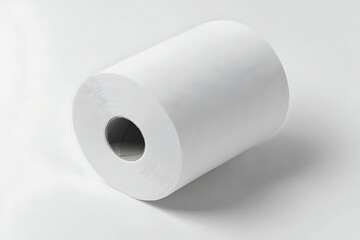 White paper roll isolated on light gray background. Cylindrical shape, hole in the center. Clean and simple