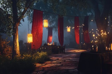 Evening gathering with lanterns and red banners in a misty outdoor setting with trees around