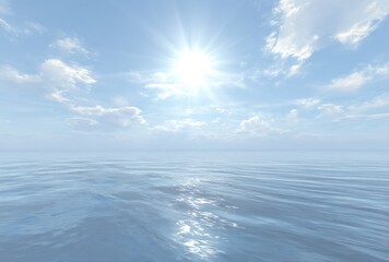 Obraz premium A serene seascape, calm water reflecting the bright sun, with scattered clouds against a light blue sky; a tranquil, expansive horizon scene