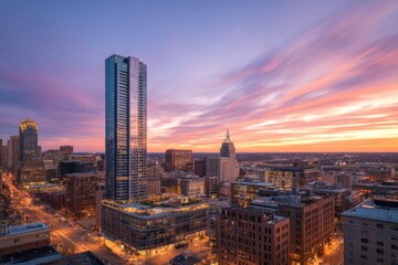 Fototapeta premium Stunning Sunset Over Urban Skyline with Modern High-Rise Buildings